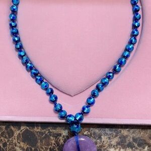WATCH THE VIDEO! Blue Hotaru Beaded Necklace with Lavender Jade Pendant